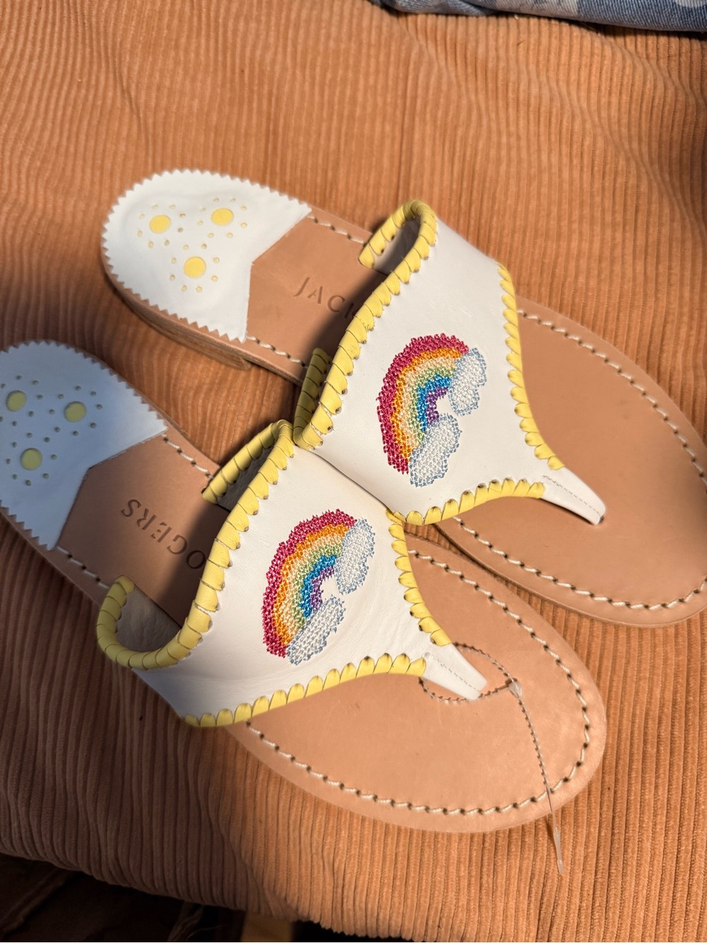 New white rainbow embroidered leather sandals sz 7 m $99 Jack rogers - Picture 5 of 8
